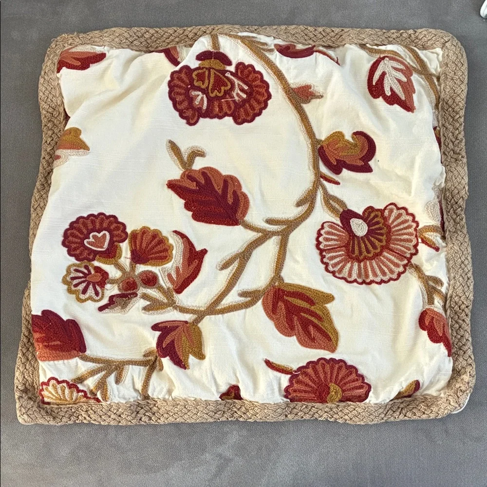 Pottery Barn Floral Fall Colored Floral Leaf Embroidered Pillow Cover